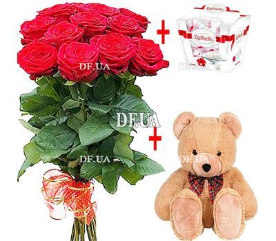 Bouquet of flowers, a box of chocolates and a toy