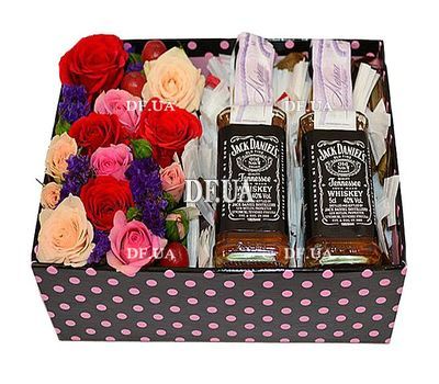 Box of whiskey and flowers to a man