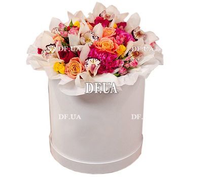A bouquet of flowers in a hat box