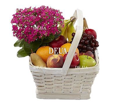 Flowers and a basket of fruit