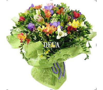 A bouquet of multi-colored freesias with greens