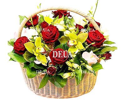 Basket of roses, orchids and alstromeries