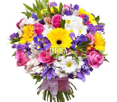 Beautiful bouquet with irises and other flowers