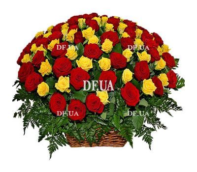 Red and yellow roses in a basket