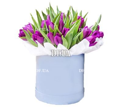 35 purple tulips in a box