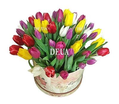 Bouquet of colorful tulips in a box