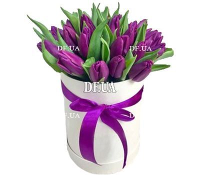Purple tulips in a hat box