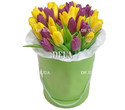 Box of yellow and purple tulips