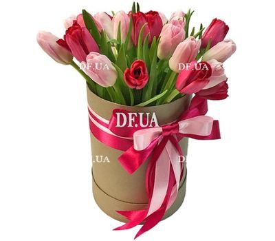 Red and pink tulips in a box