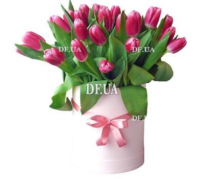 Pink tulips in a hat box