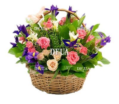 Flower basket with iris and spray roses