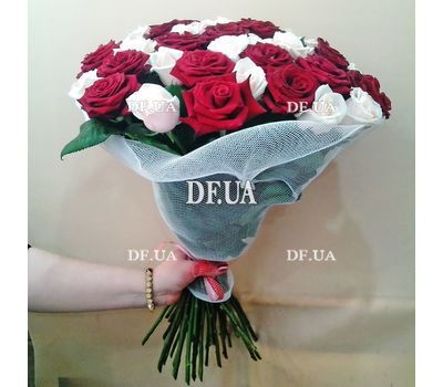 Bouquet of red and ivory roses - view 1