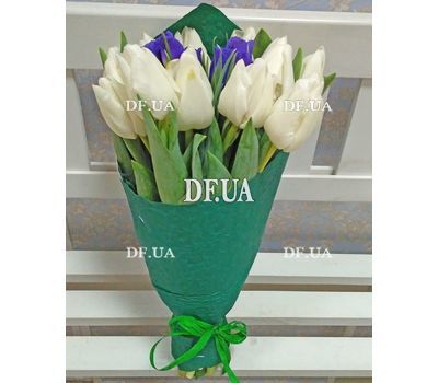 Bouquet of white tulips and blue irises - view 1