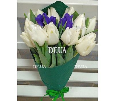 Bouquet of white tulips and blue irises - view 2