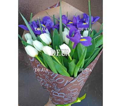 Bouquet of white tulips and blue irises - view 4