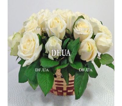 Basket of white roses with greens - view 1