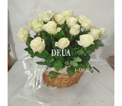 Basket of white roses with greens - view 4