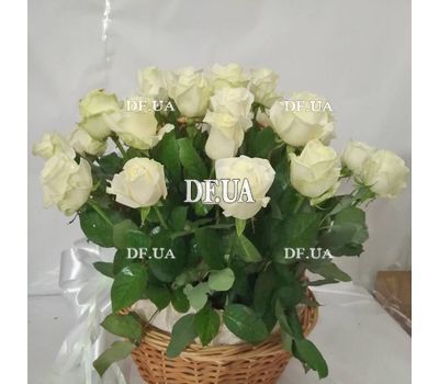 Basket of white roses with greens - view 5