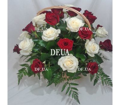 Beautiful red and white roses in a basket - view 1
