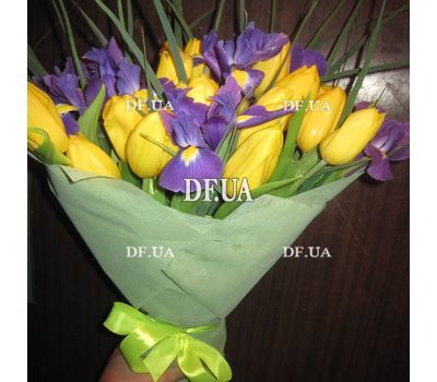 Yellow tulips with blue irises in a bouquet - view 2