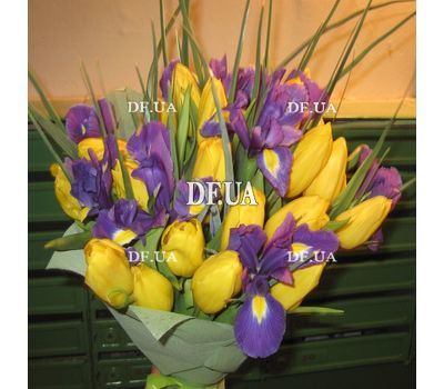 Yellow tulips with blue irises in a bouquet - view 3