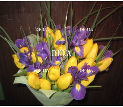 Yellow tulips with blue irises in a bouquet - view 4