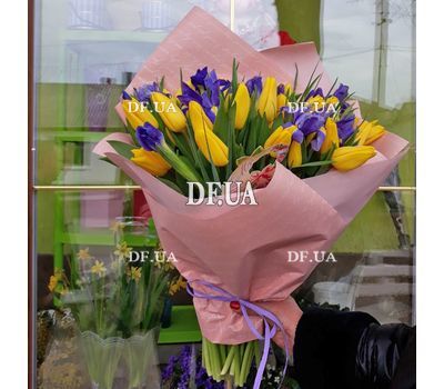 Bouquet of irises and tulips - view 1
