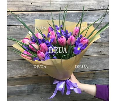 Irises and tulips in a bouquet - view 1