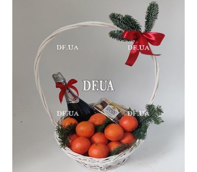 Champagne, mandarins and sweets in the basket 1