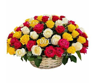 101 multi-colored roses in a basket