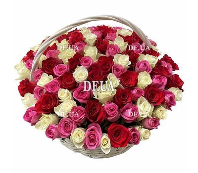 101 roses of different colors in a basket