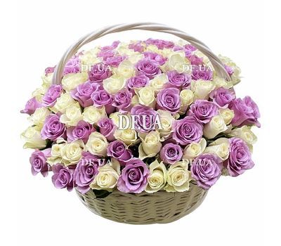 White and purple roses in a basket