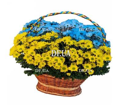 Basket in the colors of the flag of Ukraine with a chrysanthemum